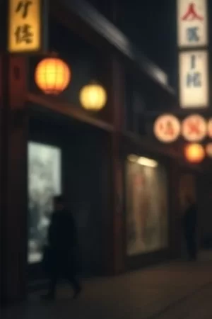 夜色中亮着暖灯的老式影院门头，冷蓝色调的电影感画面